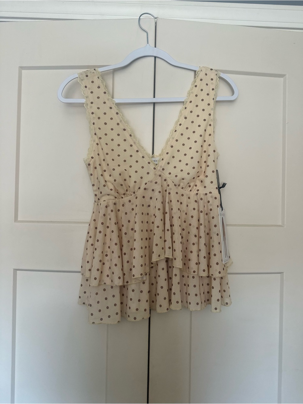 Polka Dot Cream Ruffle V-Neck Camisole